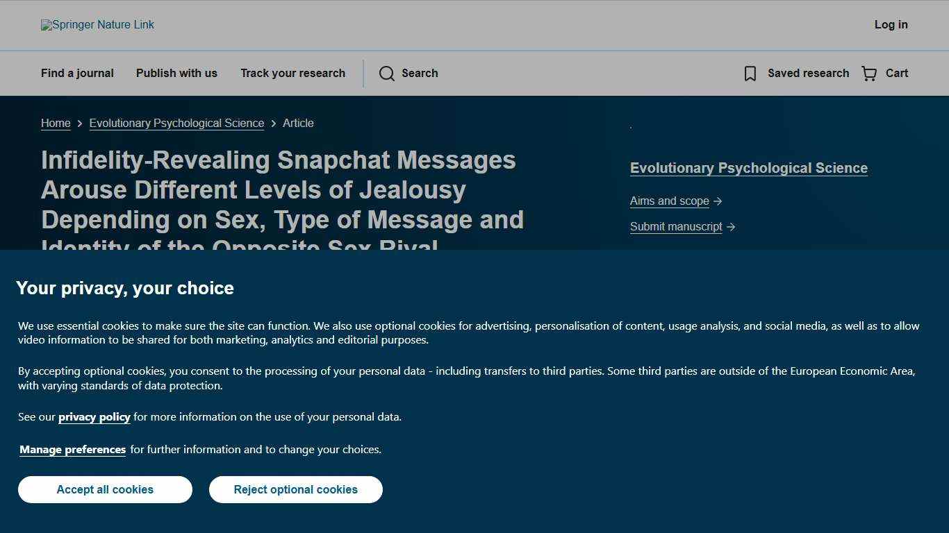 Infidelity-Revealing Snapchat Messages Arouse Different Levels of Jealousy Depending on Sex, Type of Message and Identity of the Opposite Sex Rival Evolutionary Psychological Science Springer Nature Link