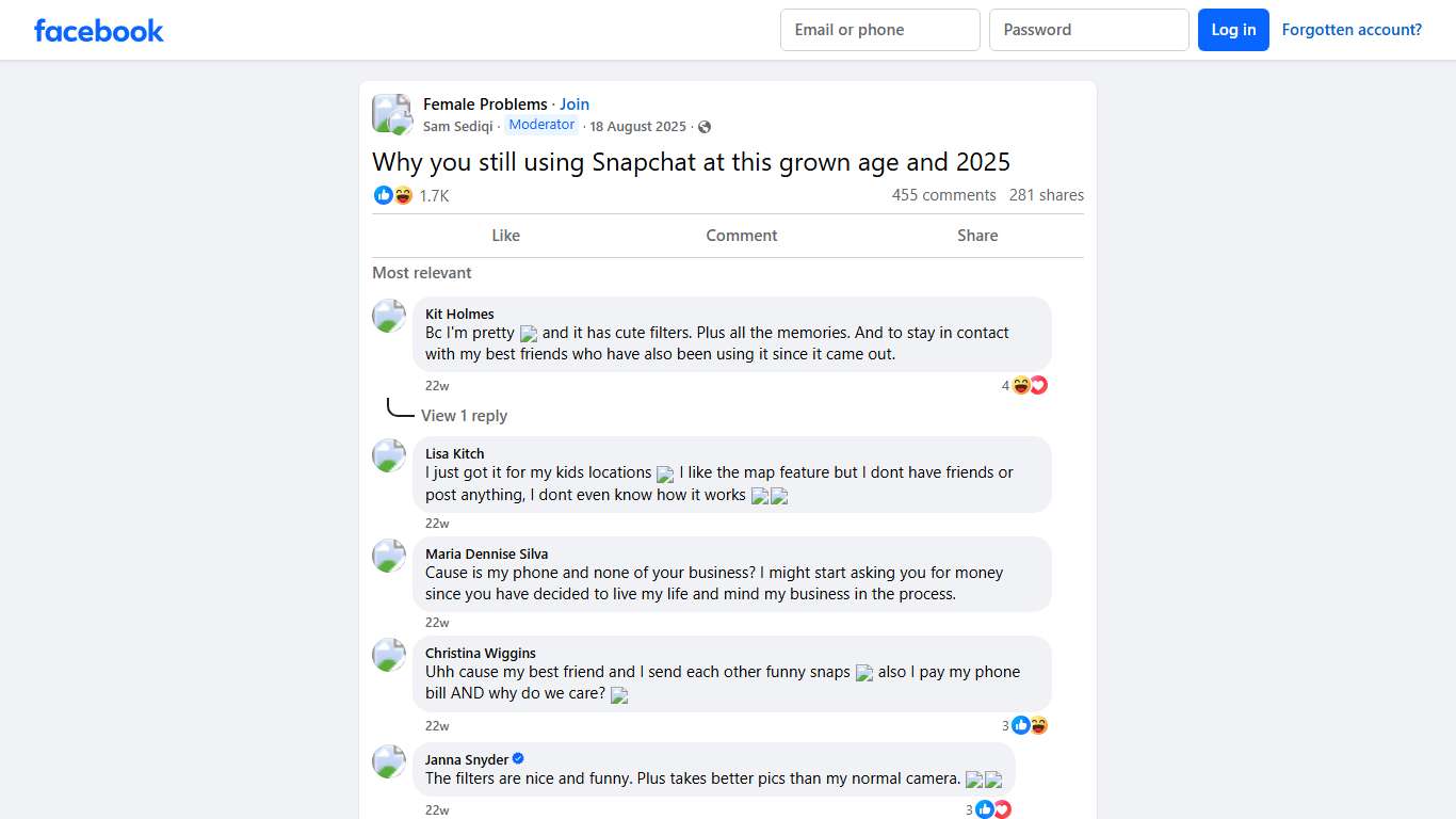 Female Problems Why you still using Snapchat at this grown age and 2025 Facebook